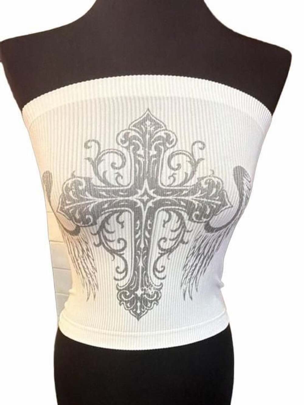 Romwe Grunge Punk Cross And Wing Print Tube Top White